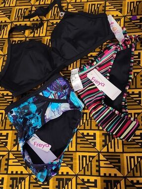 3 Piece Freya Black Bikini Top with Multicolor Striped Tie-Side Bottoms